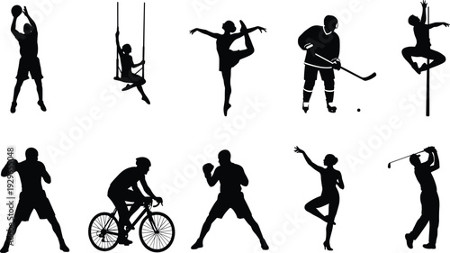 Collection of black athletic silhouettes including basketball player gymnast ice hockey cyclist boxer golf player dancer and woman on a swing