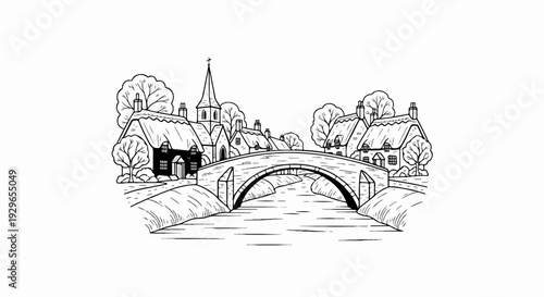 Quaint village scene with a stone bridge arching over a river, cottages with thatched roofs, and a church steeple