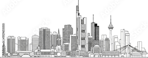 Diverse architectural styles define this expansive, detailed city skyline illustration, showcasing towers and structures