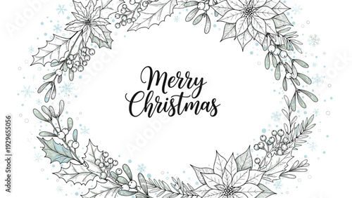 Elegant Merry Christmas greeting card featuring a hand-drawn botanical wreath with poinsettia flowers and holly.