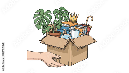 Human hand carrying a brown cardboard box filled with books, a green plant, a gold crown, and personal belongings.