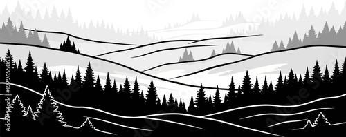 Stylized monochrome landscape with rolling hills and evergreen trees