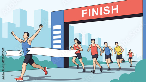 Successful athlete in a blue shirt winning a city marathon by crossing the finish line tape with other runners behind.