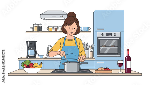 Happy young woman wearing a blue apron cooking delicious food in a metal pot on a stove in a bright modern kitchen.