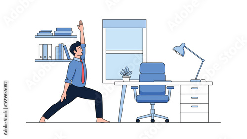 Businessman taking a healthy break from work to practice a warrior yoga pose next to his desk in a bright office.