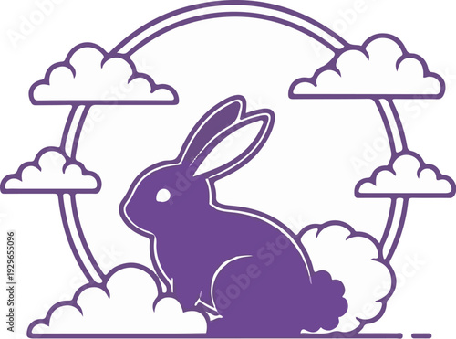 A stylized purple rabbit sits among clouds within a circular frame