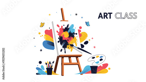 Creative art class concept featuring an easel with a paint-splattered canvas and painting tools in a flat illustration.