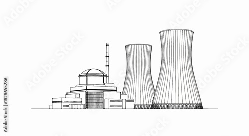 Drawing of a nuclear power plant with a dome-shaped reactor and cooling towers