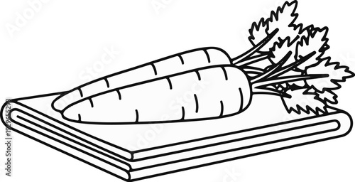 Two large carrots with green leafy tops resting on a cutting board