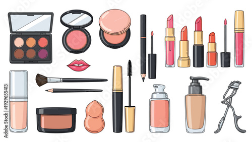 Large set of various cosmetic products including an eyeshadow palette, lipsticks, brushes, foundation, and mascara.