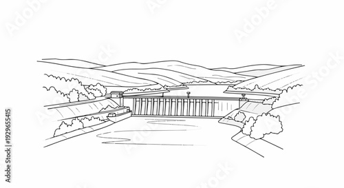 A dam with hills and trees in the background, a body of water in front