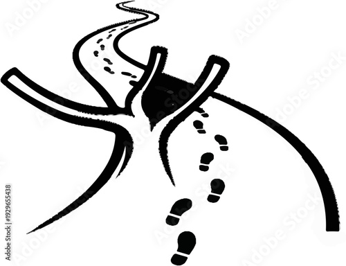 Stylized abstract path with footprints leading to a fork
