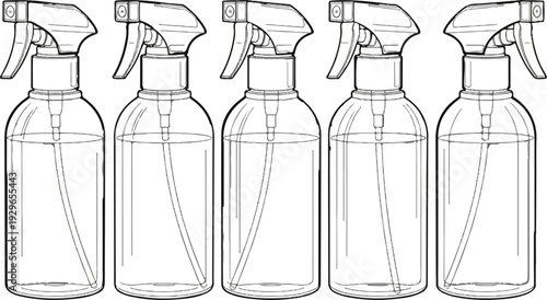 Five clear bottles with spray triggers and internal tubes, presented in a line