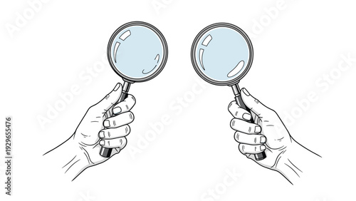 Hand drawn illustration of two human hands holding magnifying glass for search, discovery, and observation concepts.