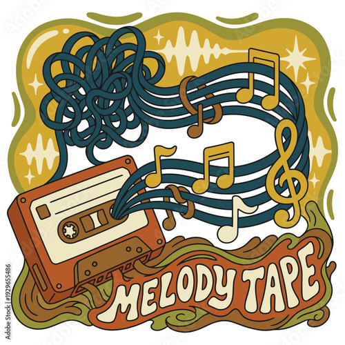 Vintage Cassette Tape with Unwinding Ribbon Turning into Musical Staff and Notes