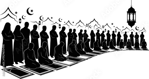 Muslim men and women kneeling in rows for prayer on mats with hanging lantern crescent moon star and mosque silhouettes vector