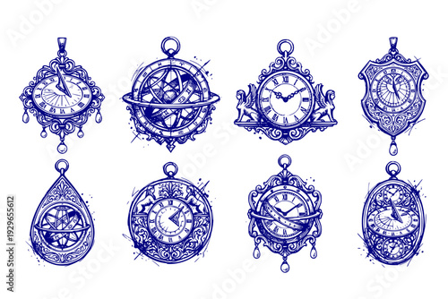 Antique Renaissance Jewelry Pendant Sundial Armillary Sphere Engraved Gold Ornaments Clock Face Sphinxes Pearl Drops Horology