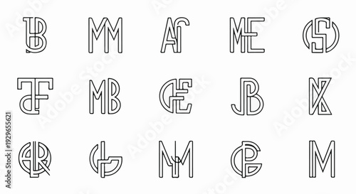 Collection of stylized monograms formed by combining uppercase letters in unique designs