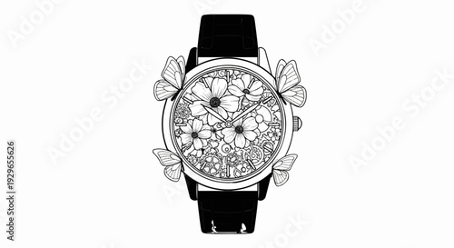 Ornate watch face adorned with flowers and butterflies, featuring intricate gears