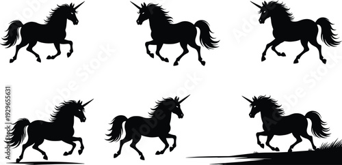 Black silhouettes of unicorns in various running poses running horse mythical creature