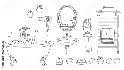 Collection of hand drawn bathroom equipment and spa accessories in black and white line art style for interior design.