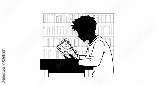 Silhouette of a person reading a comic book in a library setting