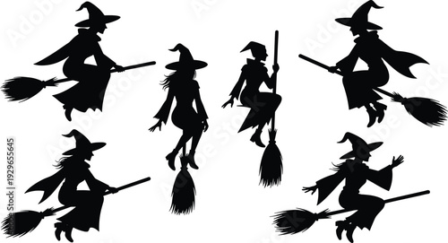 Black silhouettes of witches flying on broomsticks