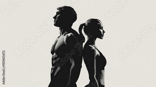 A black silhouette of a man and woman standing back to back