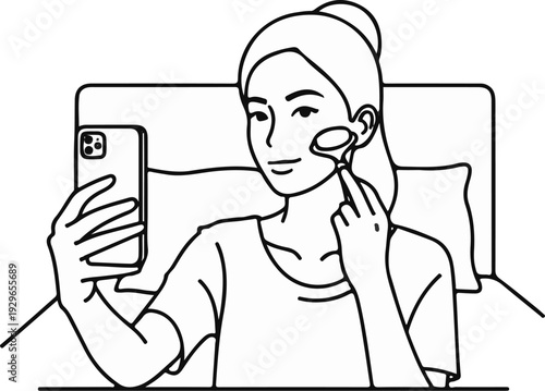 Woman performing facial massage with roller tool while holding phone, in black and white line art style