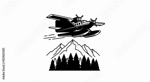 A floatplane flies over pine trees and snow-capped mountains
