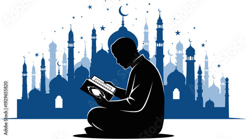 Muslim man reading holy Quran silhouette with blue mosque skyline background, ramadan kareem celebration banner, islamic religious education vector illustration,