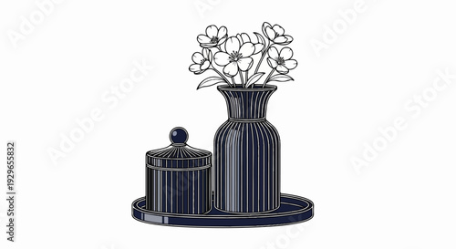 A dark, ribbed vase with flowers sits next to a lidded jar on a matching tray