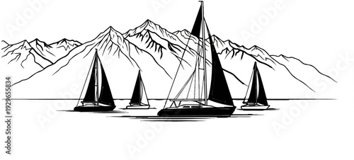 Four sailboats glide across calm water with majestic mountains in the background