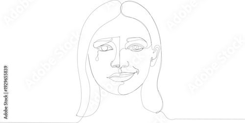 woman face with split emotions smiling and crying, Continuous line art for mental health