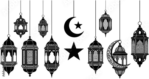 Islamic lantern silhouette collection with crescent moon and stars, hanging ramadan lamps set, flat vector illustration for religious festival decoration.