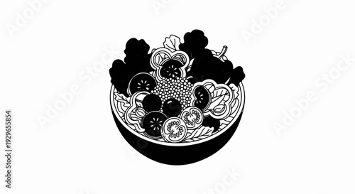 Black and white illustration of a salad bowl filled with vegetables and round seeds