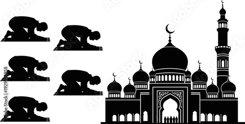 Muslim men praying prostrate silhouette vector illustration near a mosque with minarets and domes, ramadan kareem celebration, islamic religious background,