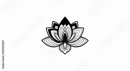 Black and white line art of a stylized lotus flower on a white background