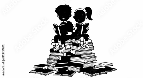 Two children sitting on a tall stack of books, engrossed in reading