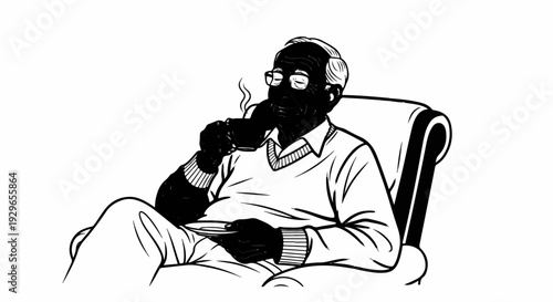An elderly man wearing glasses enjoys a warm beverage while relaxing in a plush chair