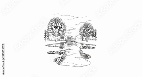 Bare trees reflected in puddles under a cloudy sky, a serene natural scene