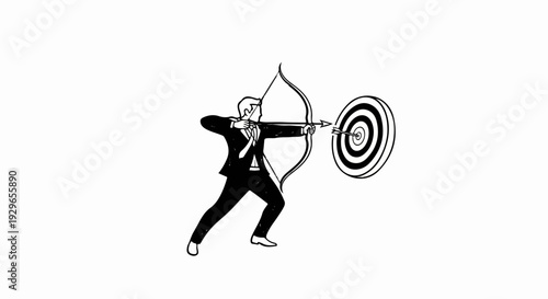 A man in a suit aims a bow and arrow at a bullseye target