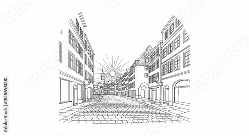 Sunburst illuminates a cobblestone street lined with European-style buildings