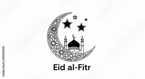 Crescent moon with intricate designs, a mosque with dome, and stars over the text Eid al-Fitr