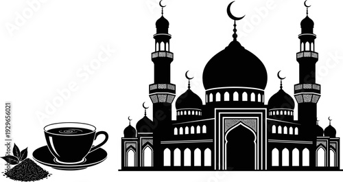 Islamic mosque architecture with cup of tea and dates, Ramadan Iftar concept, religious celebration, Eid Mubarak, spiritual culture, vector illustration.