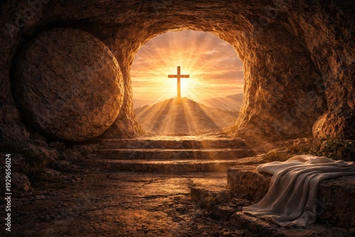 Easter resurrection scene with empty tomb and cross at sunrise
