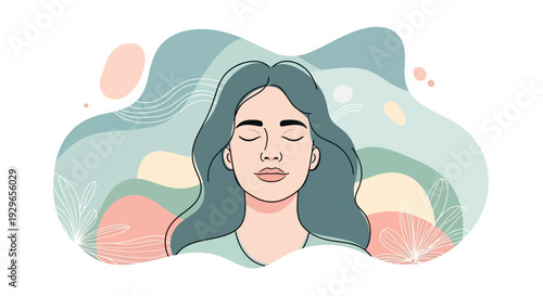 Woman meditating peacefully surrounded by nature elements in a serene environment from a front viewpoint illustration