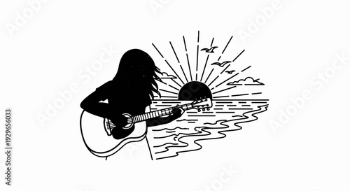 A silhouette of a person playing guitar against a sunset over the ocean