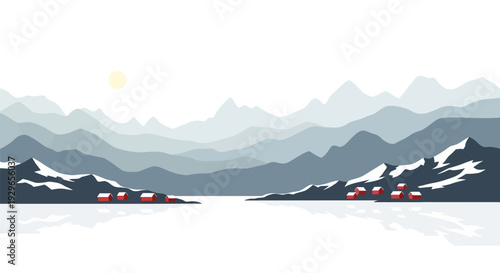 Serene Mountain Landscape with Snowcapped Peaks and Calm Water.