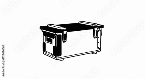 Black and white line art illustration of a rugged, heavy-duty storage case with latches